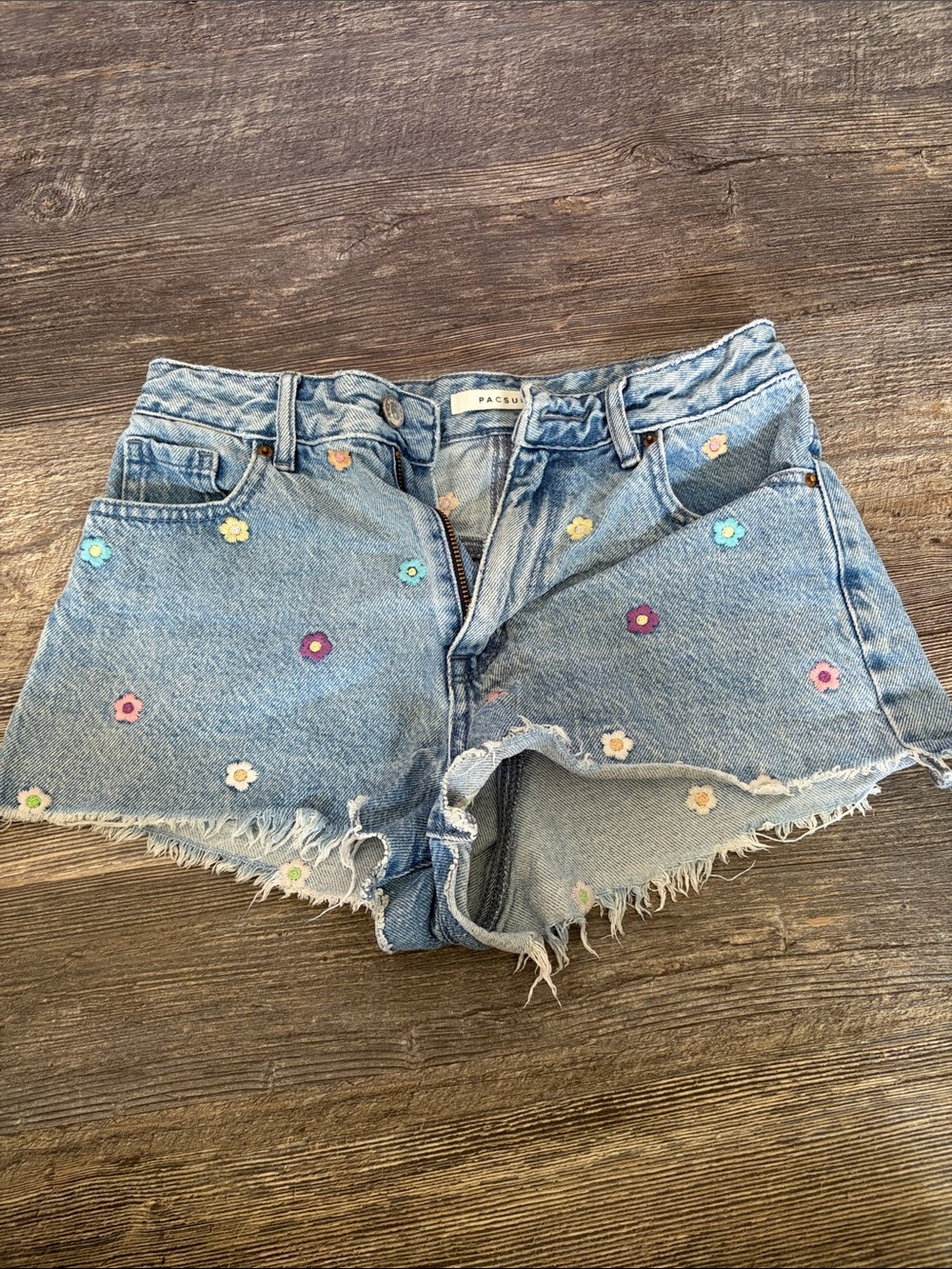 PacSun Light Blue Denim Shorts with Multi-Color Daisy Embroidery